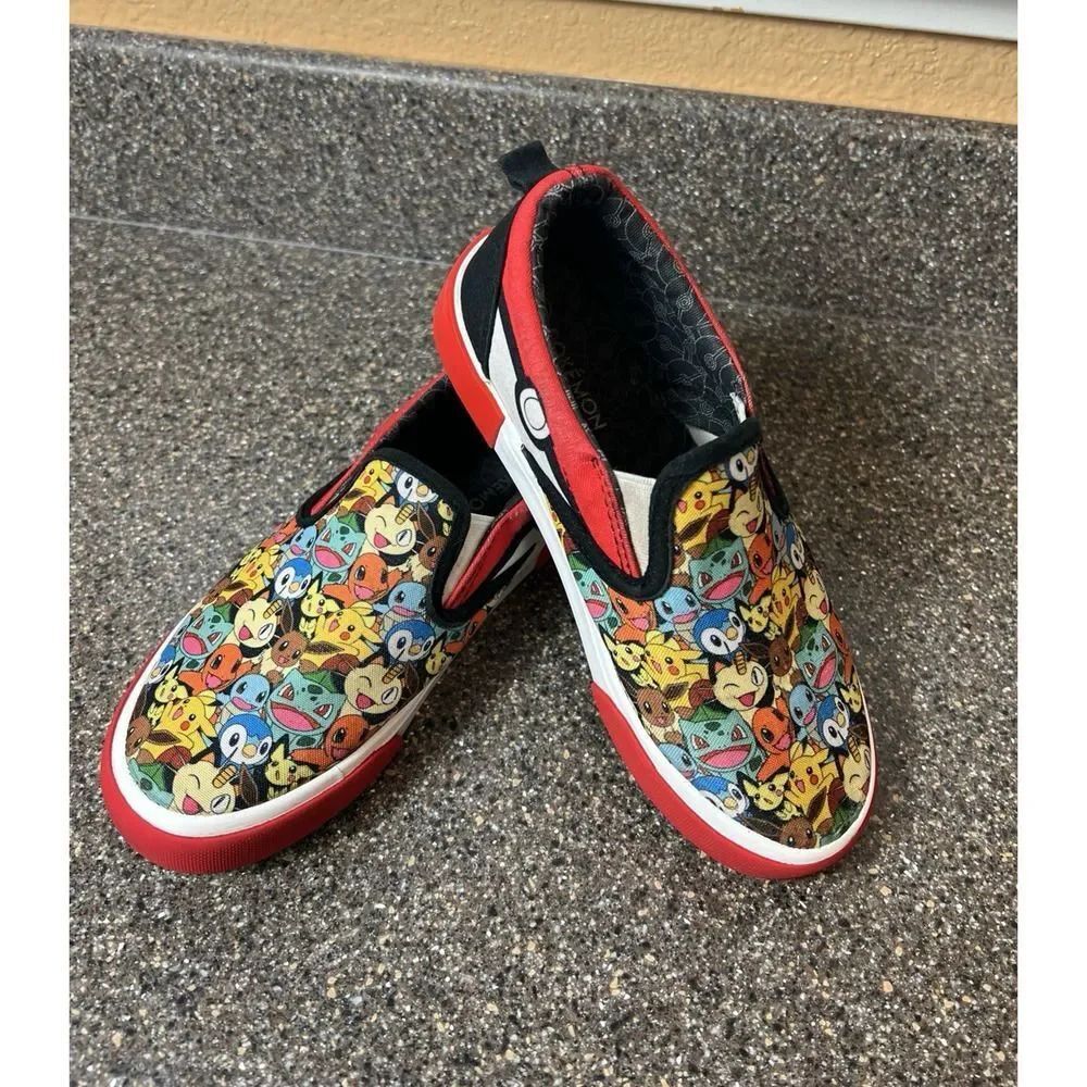 Pokemon Little Kids Sz 2 Multicolor Canvas Sneakers Low Top Slip On Comfort Shoe